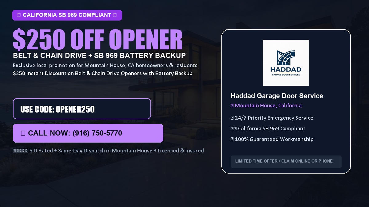 $250 OFF Smart Garage Door Opener Installation (Belt & Chain Drive with California SB 969 Battery Backup) in Mountain House, CA
